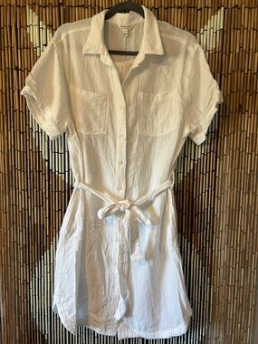 White Button-Up Shirt Dress with Waist Tie, pockets 100% cotton Size Small